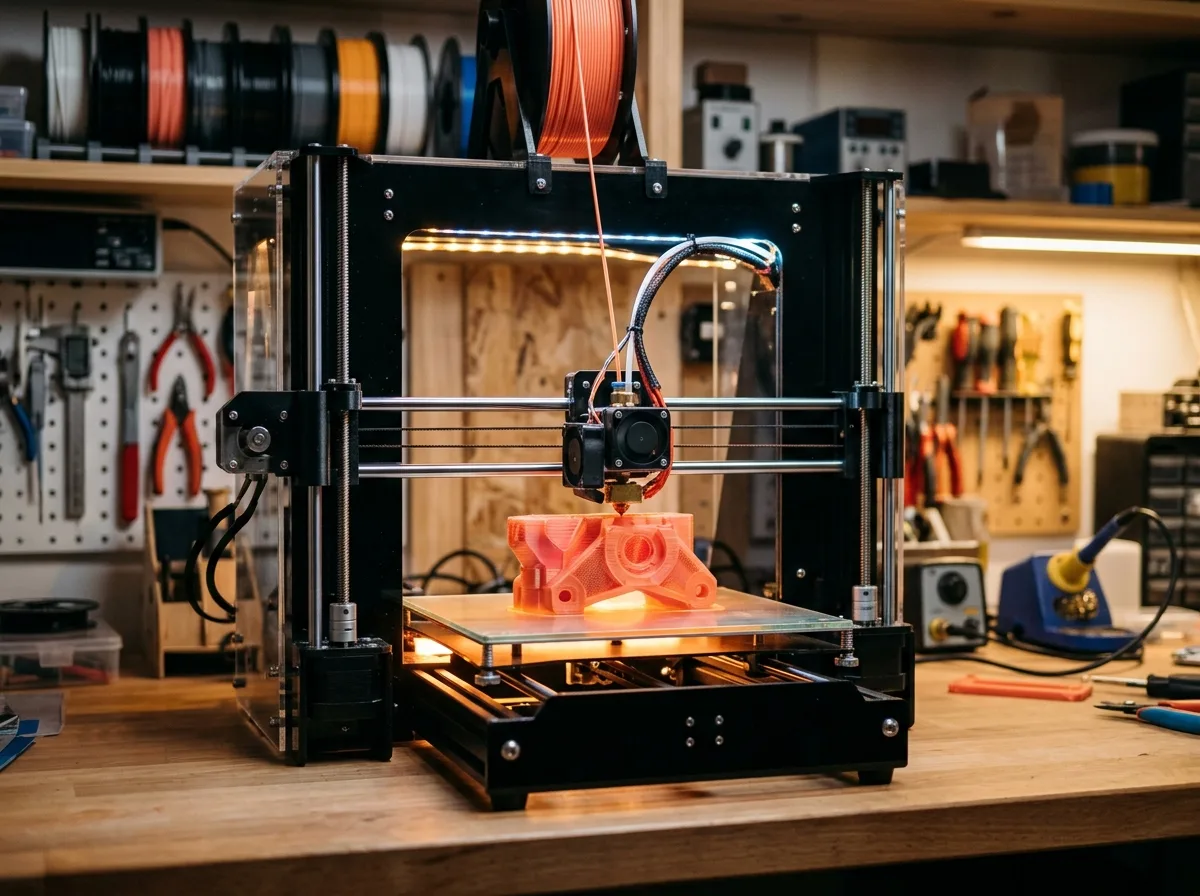3D-Drucker beim Druck eines orangen Bauteils