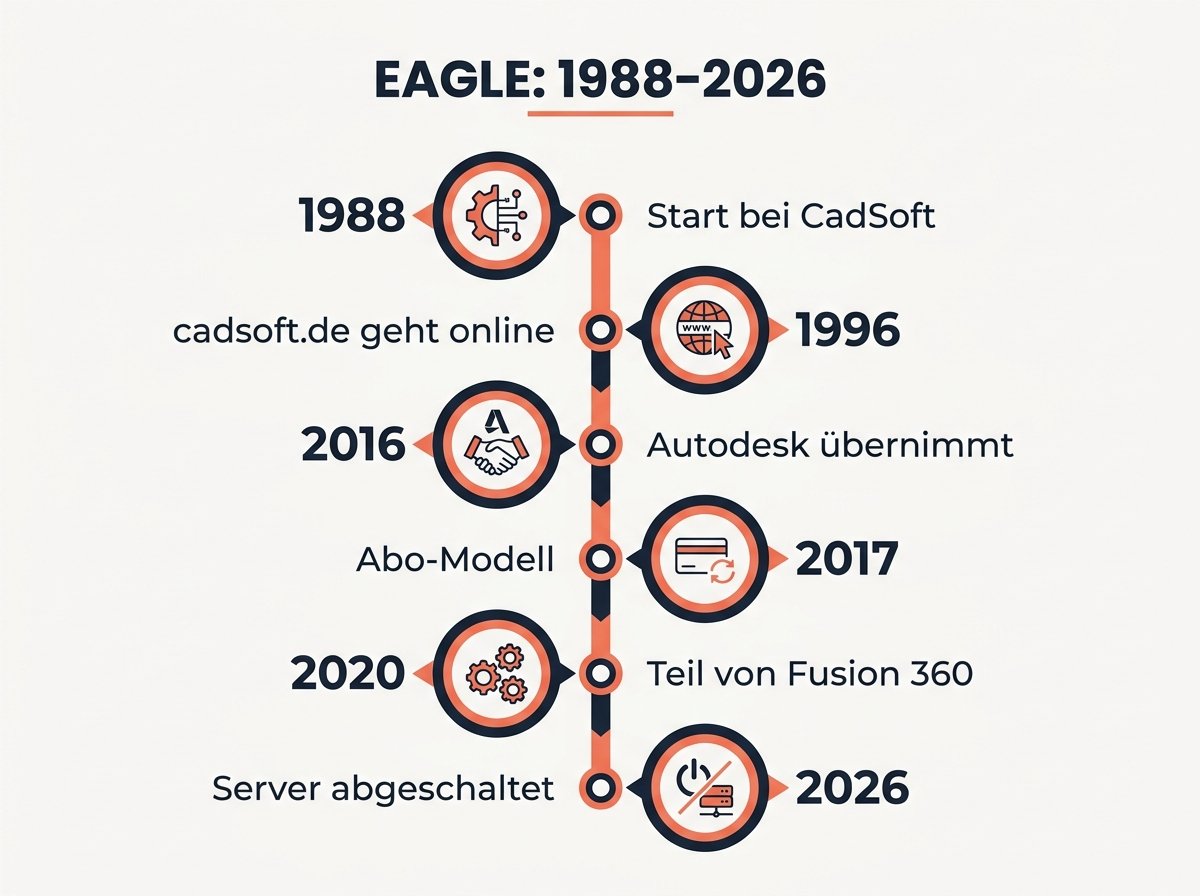 Infografik: EAGLE-Zeitstrahl 1988 bis 2026 von CadSoft bis zur Server-Abschaltung