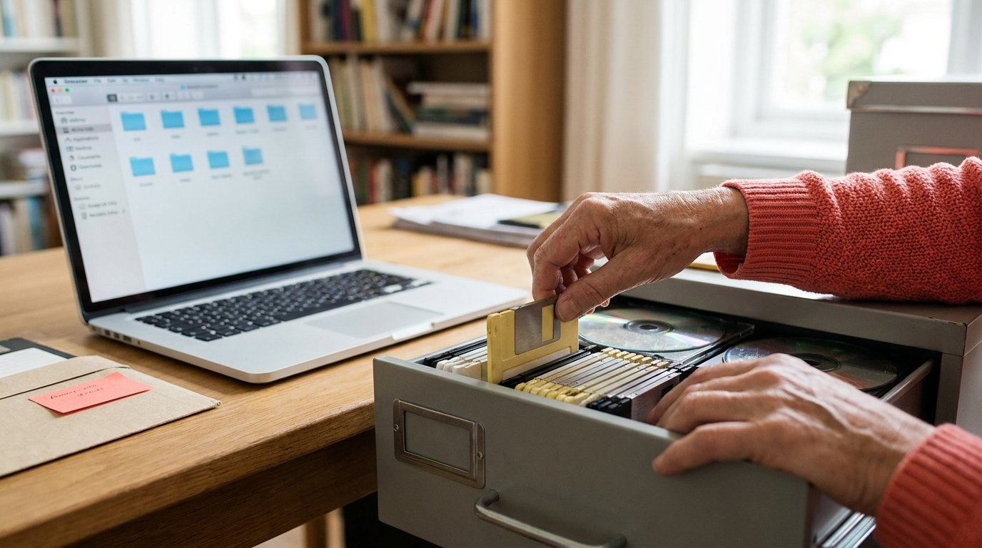 Archivierte Projektdateien und Disketten neben modernem Laptop, Sinnbild der EAGLE-Datenmigration
