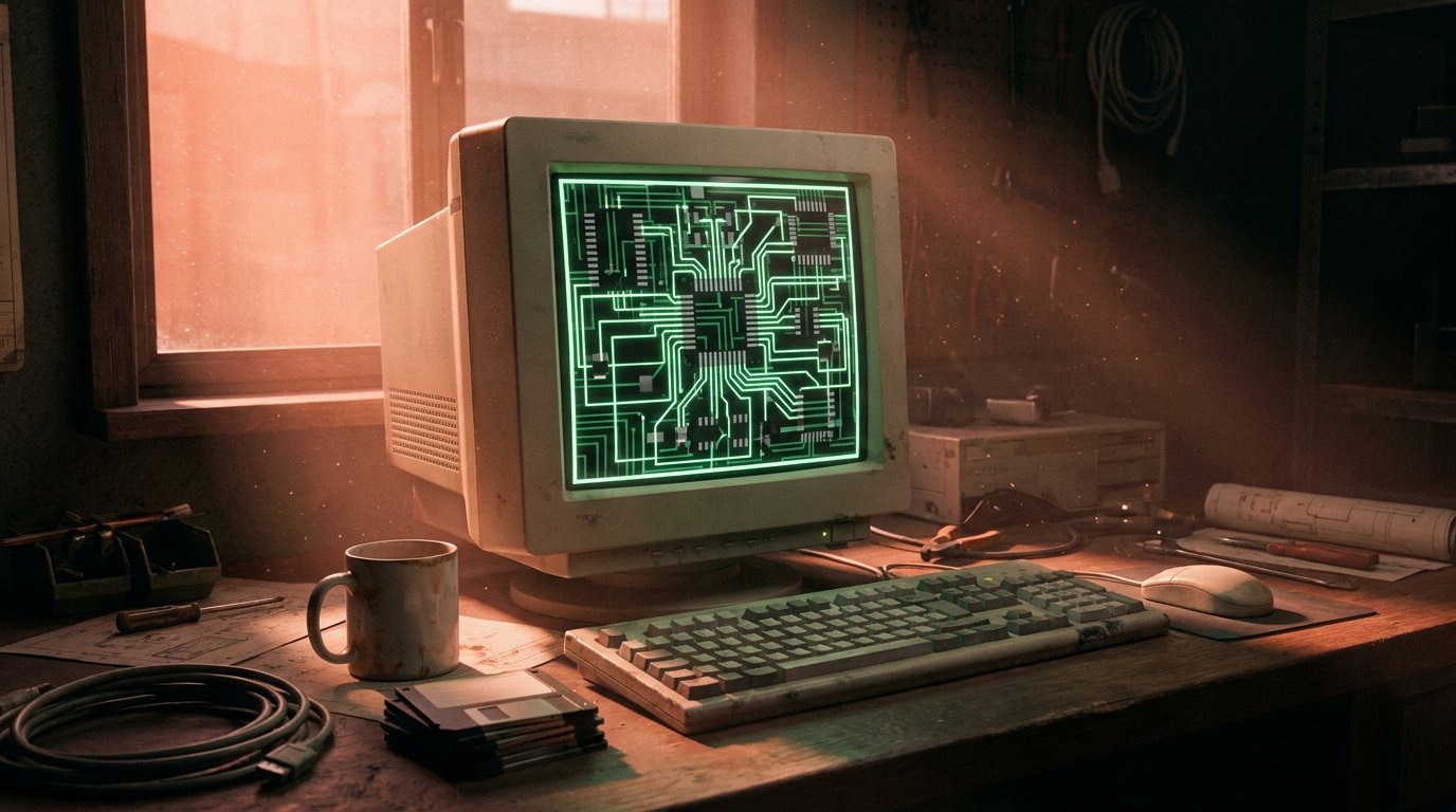 Alter Röhrenmonitor mit PCB-Layout, Sinnbild der frühen EAGLE-Jahre