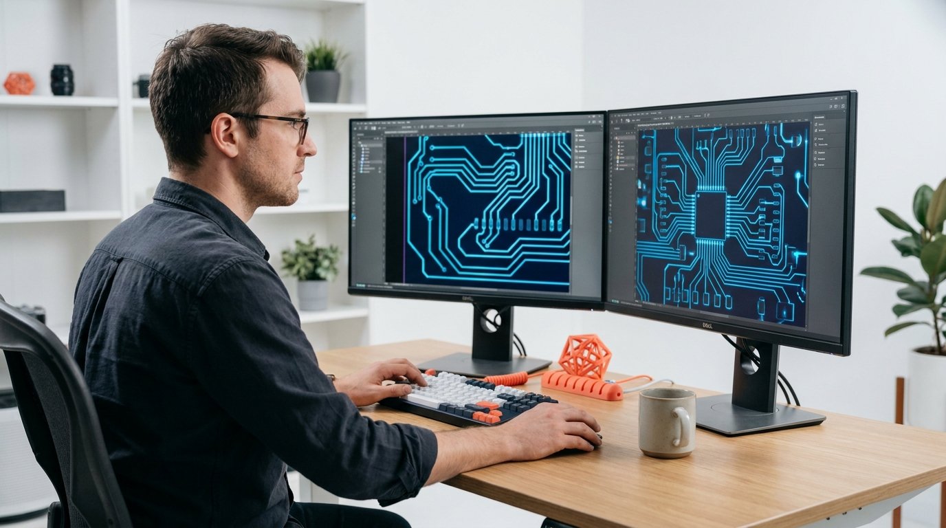 Ingenieur am Doppelmonitor-Arbeitsplatz mit PCB-Routing, KiCad 10 im Einsatz